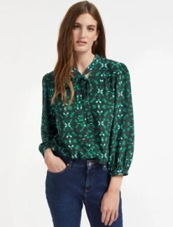 Beckett Silk Blouse - Green Shibori Print