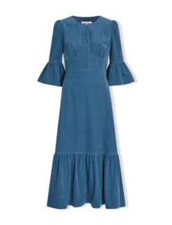 Daphne Pin Corduroy Round Neck Maxi Dress - Mid Blue -The Modern Femme Sales SP23 D466 DAPHNE MIDBLUE CO