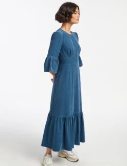 Daphne Pin Corduroy Round Neck Maxi Dress - Mid Blue -The Modern Femme Sales SP23 D466 DAPHNE MID BLUE LS 14894