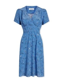 Gina Silk Knee Length Dress - Blue Lips Eyes Print -The Modern Femme Sales SP23 D499 S GINA BLUELIPSEYESPRINT CO