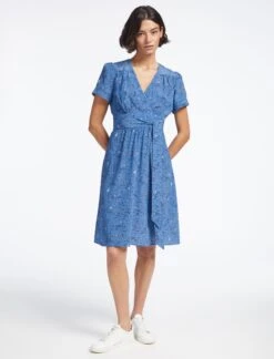 Gina Silk Knee Length Dress - Blue Lips Eyes Print