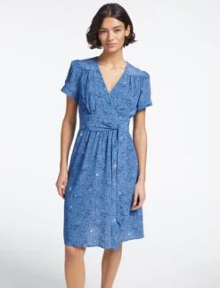 Gina Silk Knee Length Dress - Blue Lips Eyes Print -The Modern Femme Sales SP23 D499 S GINA BLUELIPSEYESPRINT LS 3581