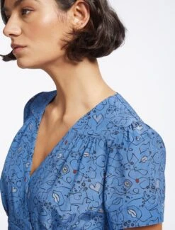 Gina Silk Knee Length Dress - Blue Lips Eyes Print -The Modern Femme Sales SP23 D499 S GINA BLUELIPSEYESPRINT LS 3591