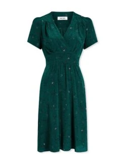 Gina Silk Knee Length Dress - Dark Green Lips Eyes Print -The Modern Femme Sales SP23 D499 S GINA DARKGREENLIPSEYESPRINT CO
