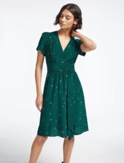 Gina Silk Knee Length Dress - Dark Green Lips Eyes Print -The Modern Femme Sales SP23 D499 S GINA DARKGREENLIPSEYESPRINT LS 3387