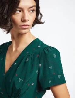 Gina Silk Knee Length Dress - Dark Green Lips Eyes Print -The Modern Femme Sales SP23 D499 S GINA DARKGREENLIPSEYESPRINT LS 3412