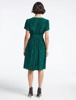 Gina Silk Knee Length Dress - Dark Green Lips Eyes Print -The Modern Femme Sales SP23 D499 S GINA DARKGREENLIPSEYESPRINT LS 3418