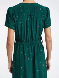 Gina Silk Knee Length Dress - Dark Green Lips Eyes Print -The Modern Femme Sales SP23 D499 S GINA DARKGREENLIPSEYESPRINT LS 3425