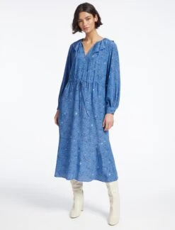 Georgia Silk Midi Dress - Blue Lips Eyes Print -The Modern Femme Sales SP23 D503 GEORGIA BLUELIPSEYESPRINT LS 3691