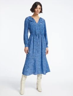 Georgia Silk Midi Dress - Blue Lips Eyes Print