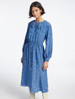 Georgia Silk Midi Dress - Blue Lips Eyes Print -The Modern Femme Sales SP23 D503 GEORGIA BLUELIPSEYESPRINT LS 3752