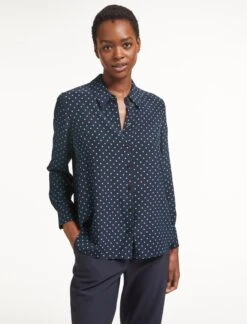 Skyla Silk Shirt - Navy Turquoise Polka Dot -The Modern Femme Sales SP23 S35 SKYLA NAVYTURQUOISEPOLKADOT LS 0348