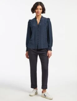 Stella Silk Shirt - Navy Turquoise Polka Dot -The Modern Femme Sales SP23 S46 STELLA NAVY TURQUOISE POLKA DOT LS 16167