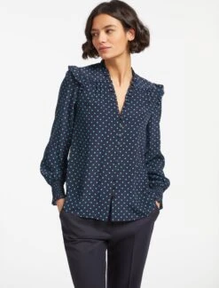 Stella Silk Shirt - Navy Turquoise Polka Dot -The Modern Femme Sales SP23 S46 STELLA NAVY TURQUOISE POLKA DOT LS 16179