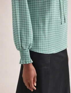 Bay Blouse - Ecru Green Houndstooth Print -The Modern Femme Sales SP24 B155 BAY ECRUGREENHOUNDSTOOTHPRINT LS 1073