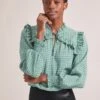 Bay Blouse - Ecru Green Houndstooth Print -The Modern Femme Sales SP24 B155 BAY ECRUGREENHOUNDSTOOTHPRINT LS 1124
