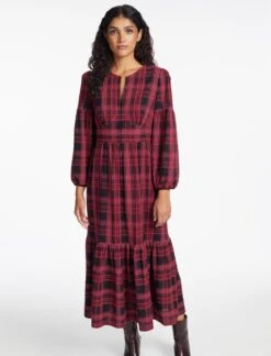 Daphne Organic Cotton Seersucker Maxi Dress - Red Black -The Modern Femme Sales SP24 D606 DAPHNE RED BLACK LS 1021