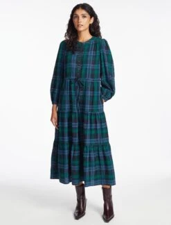 Alice Organic Cotton Seersucker Maxi Dress - Navy Green -The Modern Femme Sales SP24 D607 ALICE NAVY GREEN LS 1065