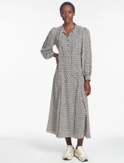 Elspeth Maxi Dress - Ecru Black Trellis Print -The Modern Femme Sales SP24 D610 ELPETH ECRU BLACK TRELLIS PRINT LS 240