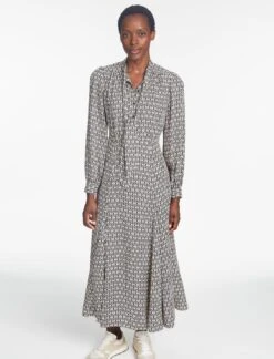 Elspeth Maxi Dress - Ecru Black Trellis Print -The Modern Femme Sales SP24 D610 ELPETH ECRU BLACK TRELLIS PRINT LS 253