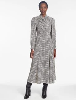 Elspeth Maxi Dress - Ecru Black Trellis Print -The Modern Femme Sales SP24 D610 ELPETH ECRU BLACK TRELLIS PRINT LS 298