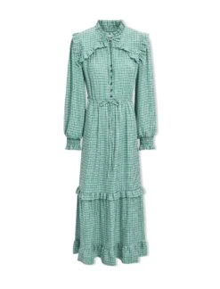Loretta Maxi Dress - Ecru Green Houndstooth Print -The Modern Femme Sales SP24 D612 LORETTA ECRUGREENHOUNDSTOOTHPRINT LS