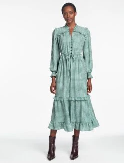 Loretta Maxi Dress - Ecru Green Houndstooth Print -The Modern Femme Sales SP24 D616 LORETTA GREEN BLACK TRELLIS PRINT LS 847