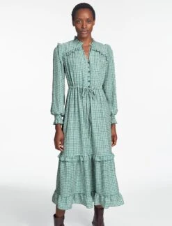 Loretta Maxi Dress - Ecru Green Houndstooth Print -The Modern Femme Sales SP24 D616 LORETTA GREEN BLACK TRELLIS PRINT LS 860