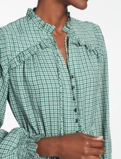 Loretta Maxi Dress - Ecru Green Houndstooth Print -The Modern Femme Sales SP24 D616 LORETTA GREEN BLACK TRELLIS PRINT LS 865