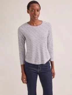 Maia Cotton Silk Blend T-Shirt - White Navy Stripe -The Modern Femme Sales SP24 K174 MAIA WHITENAVYSTRIPE LS 2001