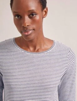 Maia Cotton Silk Blend T-Shirt - White Navy Stripe -The Modern Femme Sales SP24 K174 MAIA WHITENAVYSTRIPE LS 2004