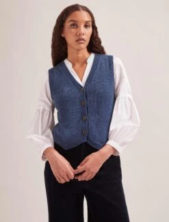 Wesley Cashmere Blend V Neck Waistcoat - Denim Blue -The Modern Femme Sales SP24 K82 WESLEY DENIMBLUE LS 1517