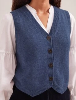 Wesley Cashmere Blend V Neck Waistcoat - Denim Blue -The Modern Femme Sales SP24 K82 WESLEY DENIMBLUE LS 1539