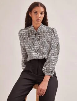 Aubrey Shirt - Ecru Black Trellis Print -The Modern Femme Sales SP24 S84 AUBREY ECRUBLACKTRELLISPRINT LS 550