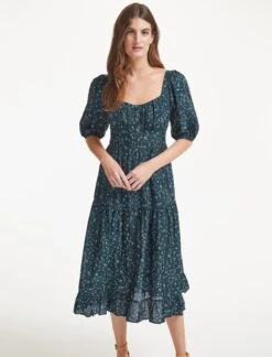 Paloma Midi Dress - Blue Trailing Floral Print -The Modern Femme Sales SU22 D428 PALOMA BLUETRAILINGFLORALPRINT LS 37310