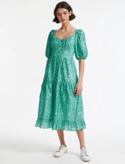 Paloma Midi Dress - Green Trailing Floral Print -The Modern Femme Sales SU22 D428 PALOMA GREENTRAILINGFLORALPRINT LS 27801