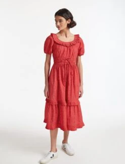 Harper Organic Cotton Midi Dress - Red Moire Print -The Modern Femme Sales SU22 D431 HARPER REDMOIREPRINT LS 27664