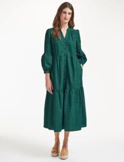 Alice Organic Cotton Maxi Shirt Dress - Green Moire Print -The Modern Femme Sales SU22 D433 ALICE GREENMOIREPRINT LS 35856