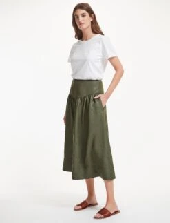 Lyla Techni Linen Midi Skirt - Khaki -The Modern Femme Sales SU22 SK130 LYLA KHAKI LS 37224