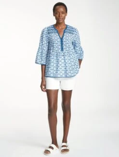 Hester Cotton Blouse - Blue Diamond Geo Print -The Modern Femme Sales SU23 B150 HESTER BLUEDIAMONDGEOPRINT LS0052