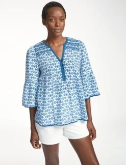 Hester Cotton Blouse - Blue Diamond Geo Print -The Modern Femme Sales SU23 B150 HESTER BLUEDIAMONDGEOPRINT LS0084