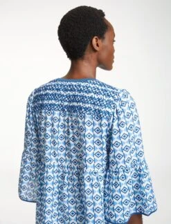 Hester Cotton Blouse - Blue Diamond Geo Print -The Modern Femme Sales SU23 B150 HESTER BLUEDIAMONDGEOPRINT LS0133