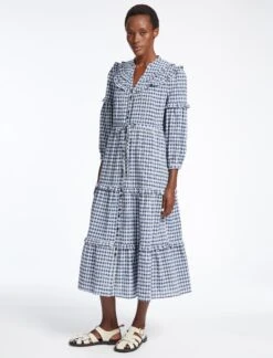 Suki Organic Cotton Seersucker Maxi Dress - Blue White Check -The Modern Femme Sales SU23 D413 SUKI BLUEWHITECHECK LS 42163