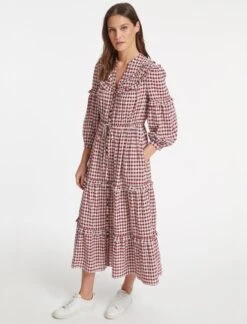 Suki Organic Cotton Seersucker Maxi Dress - Red White Check -The Modern Femme Sales SU23 D413 SUKI RED WHITECHECK LS 19888