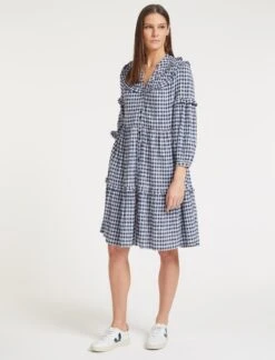 Suki Organic Cotton Seersucker Midi Dress - Blue White Check -The Modern Femme Sales SU23 D512 SUKI BLUEWHITECHECK LS 58294