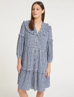 Suki Organic Cotton Seersucker Midi Dress - Blue White Check -The Modern Femme Sales SU23 D512 SUKI BLUEWHITECHECK LS 58319