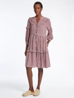 Suki Organic Cotton Seersucker Midi Dress - Red White Check -The Modern Femme Sales SU23 D512 SUKI REDWHITECHECK LS 42235