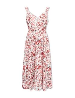 Rita Organic Cotton Midi Dress - White Red Large Floral Print -The Modern Femme Sales SU23 D520 RITA WHITEREDLARGEFLORALPRINT CO