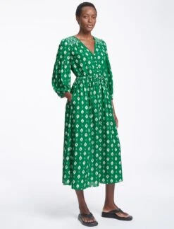 Yula Cotton Maxi Dress- Green Ikat Print