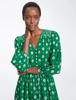 Yula Cotton Maxi Dress- Green Ikat Print -The Modern Femme Sales SU23 D527 YULA GREENIKATPRINT LS0519